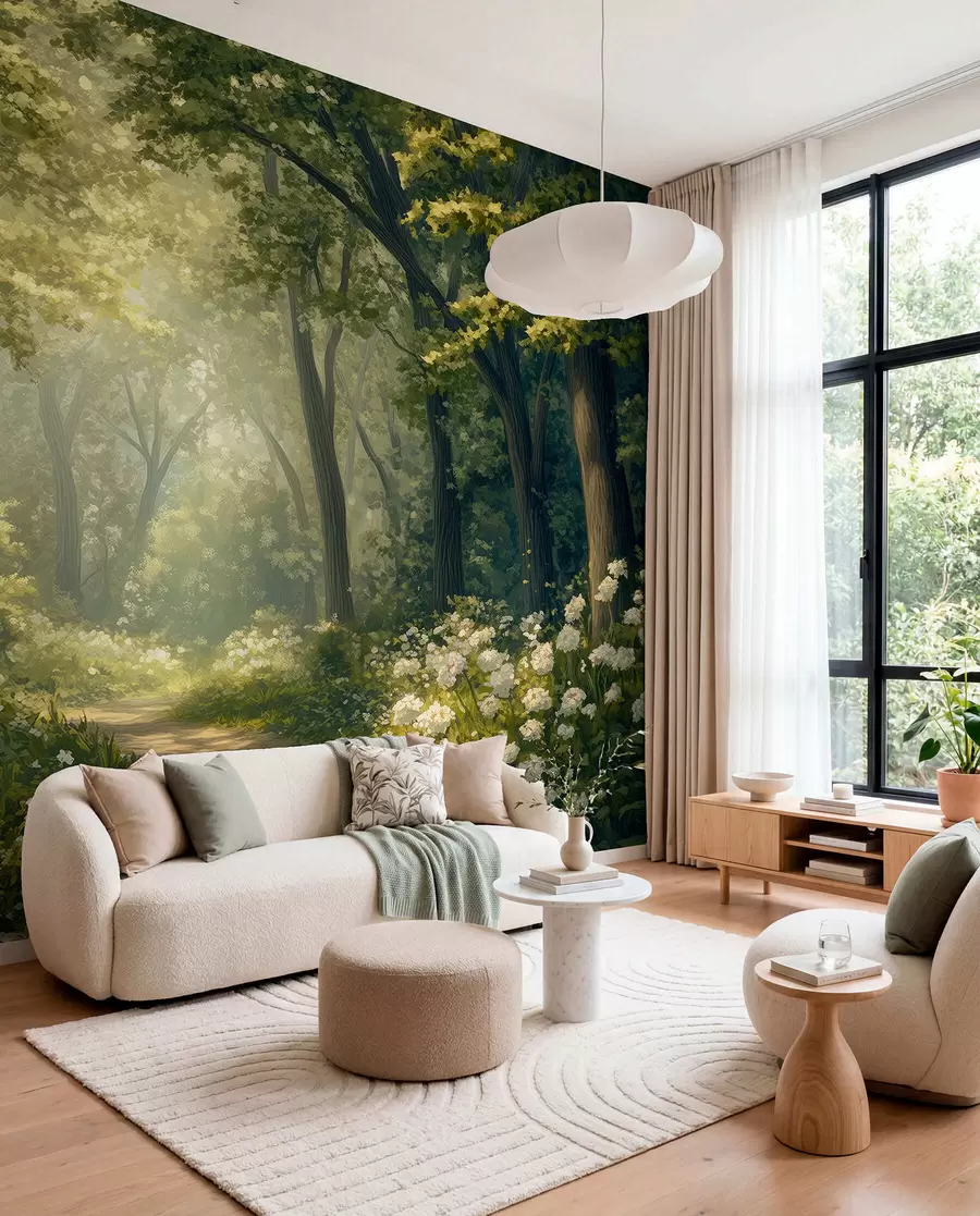 wall murals Стаза у зеленој шуми, бело цвеће, сунчева светлост, цртеж у акрилном стилу w04119