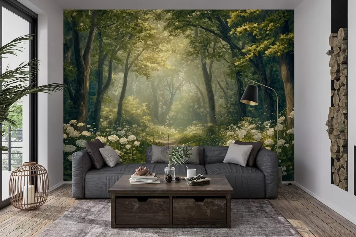 wall murals Стаза у зеленој шуми, бело цвеће, сунчева светлост, цртеж у акрилном стилу w04119