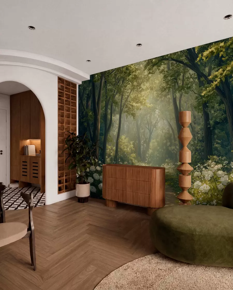 wall murals Стаза у зеленој шуми, бело цвеће, сунчева светлост, цртеж у акрилном стилу w04119