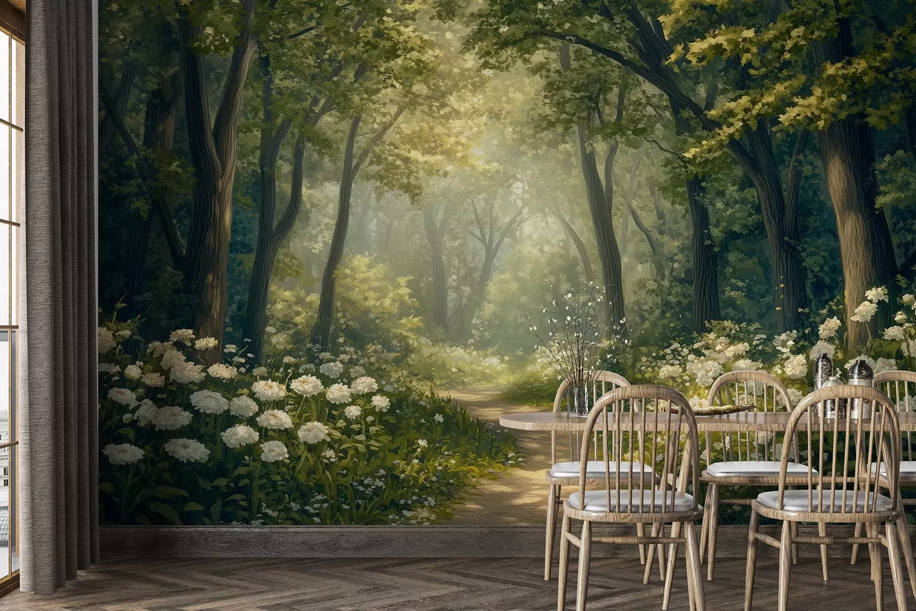 wall murals Стаза у зеленој шуми, бело цвеће, сунчева светлост, цртеж у акрилном стилу w04119