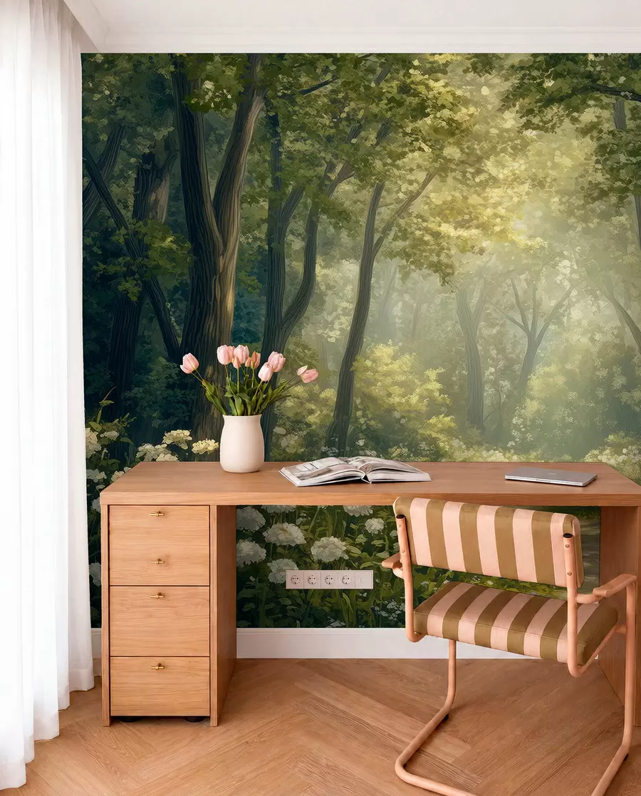 wall murals Стаза у зеленој шуми, бело цвеће, сунчева светлост, цртеж у акрилном стилу w04119