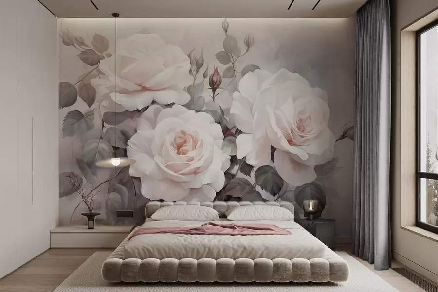 wall murals Текстуриране беле руже са листовима и стабљикама, меке пригушене пастелне боје, елегантан винтаге стил, нежни потези четкицом w09198
