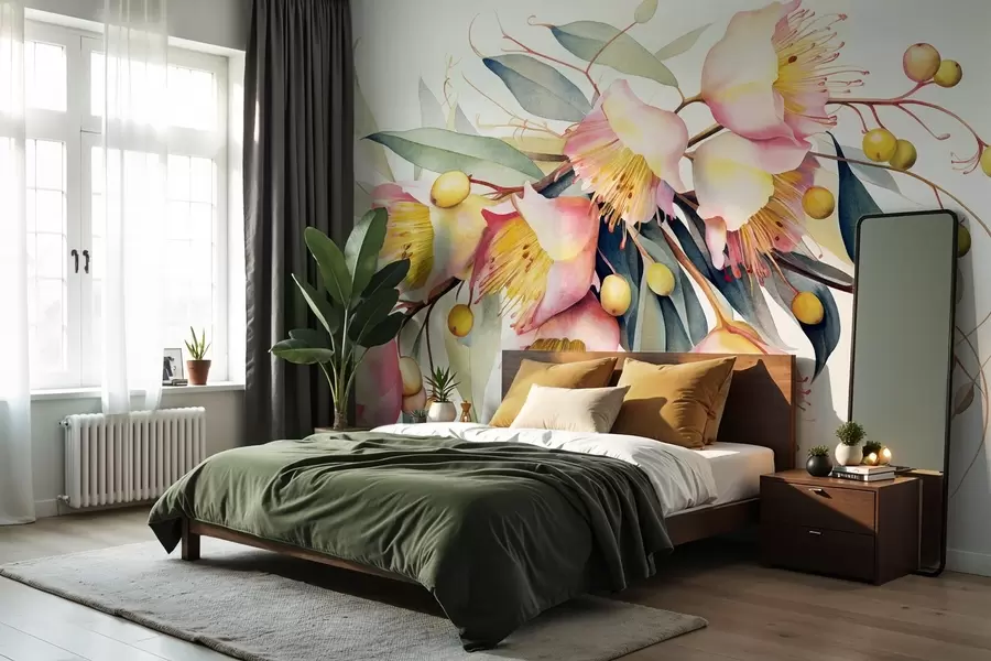 wall murals Цветови еукалиптуса са зеленим листовима, акварел стил, мека и текстурирана, светла позадина, ботанички цветни дизајн w09202
