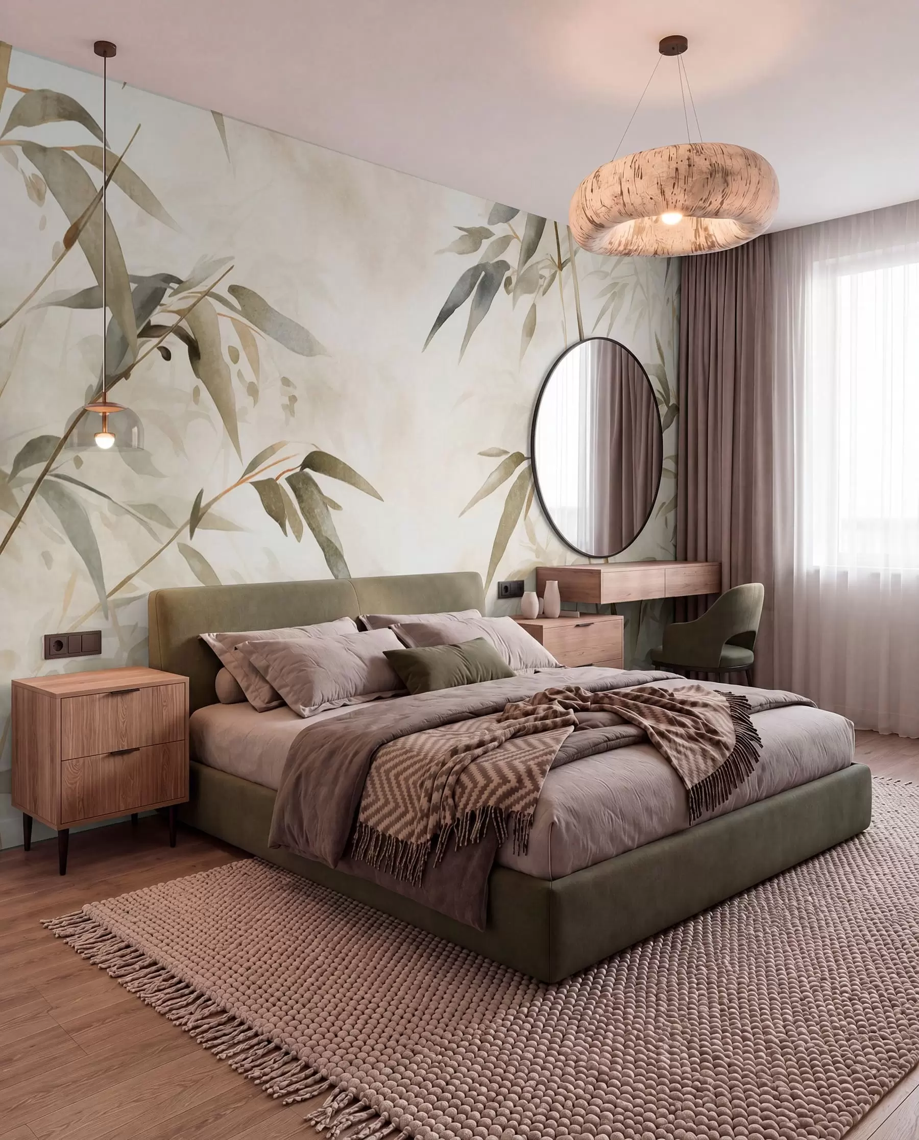 wall murals Гране текстуриране бамбусом са листовима у акварел стилу, мека неутрална палета боја, светло беж позадина w09204