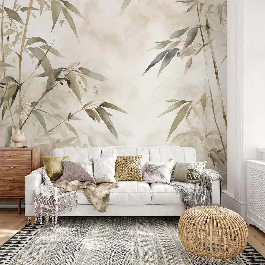 wall murals Гране текстуриране бамбусом са листовима у акварел стилу, мека неутрална палета боја, светло беж позадина w09204