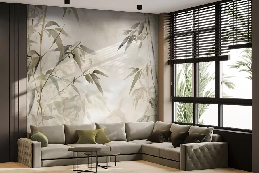 wall murals Гране текстуриране бамбусом са листовима у акварел стилу, мека неутрална палета боја, светло беж позадина w09204