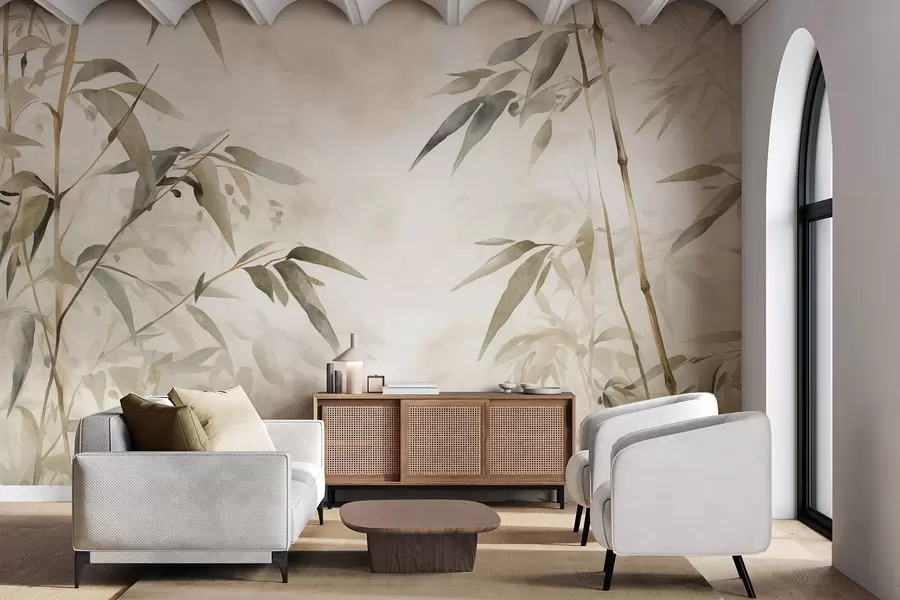 wall murals Гране текстуриране бамбусом са листовима у акварел стилу, мека неутрална палета боја, светло беж позадина w09204