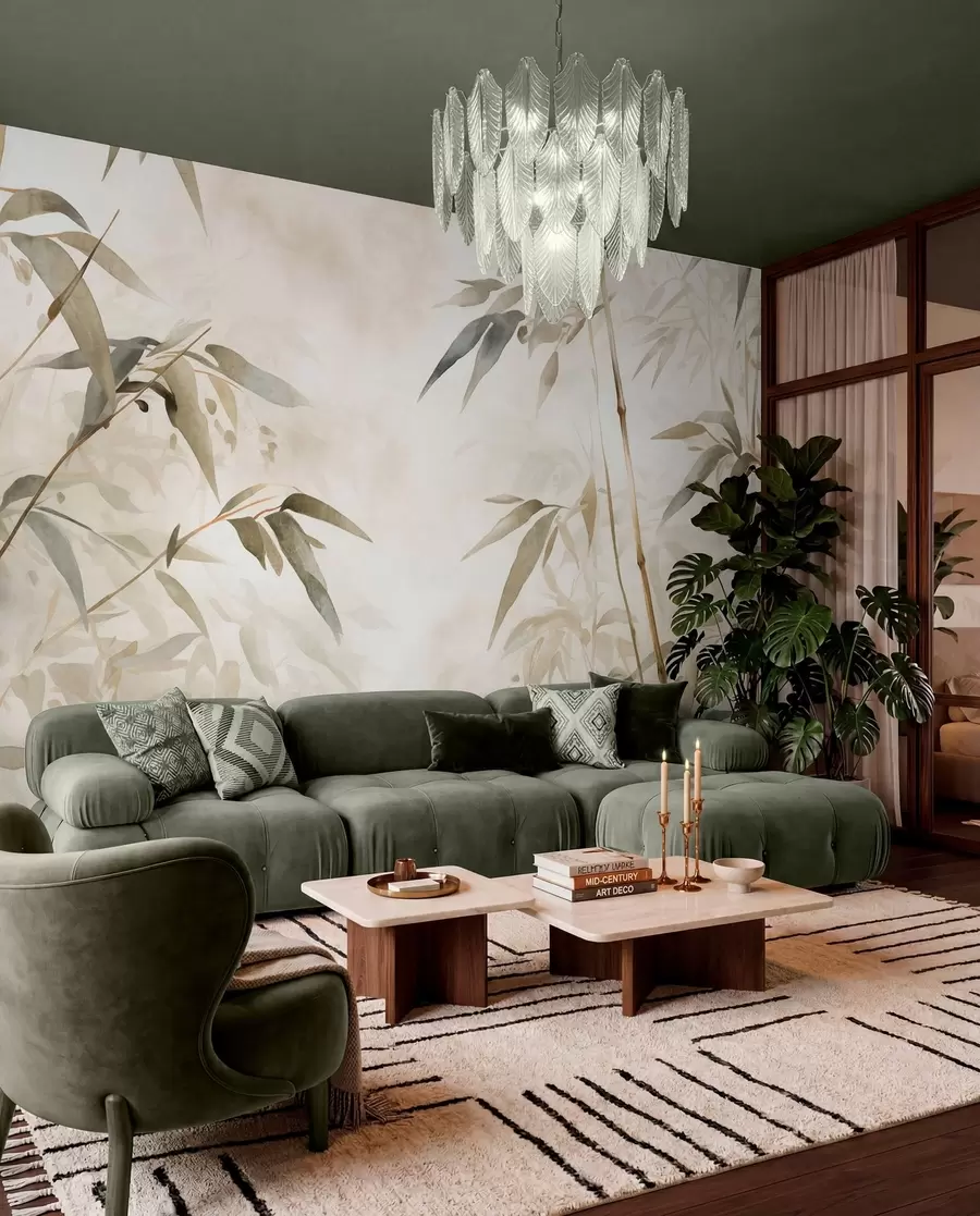 wall murals Гране текстуриране бамбусом са листовима у акварел стилу, мека неутрална палета боја, светло беж позадина w09204