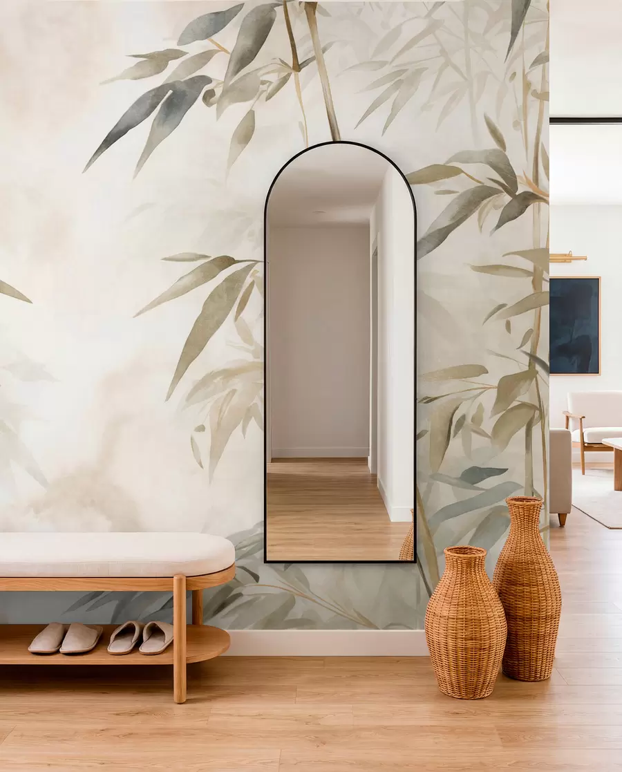 wall murals Гране текстуриране бамбусом са листовима у акварел стилу, мека неутрална палета боја, светло беж позадина w09204
