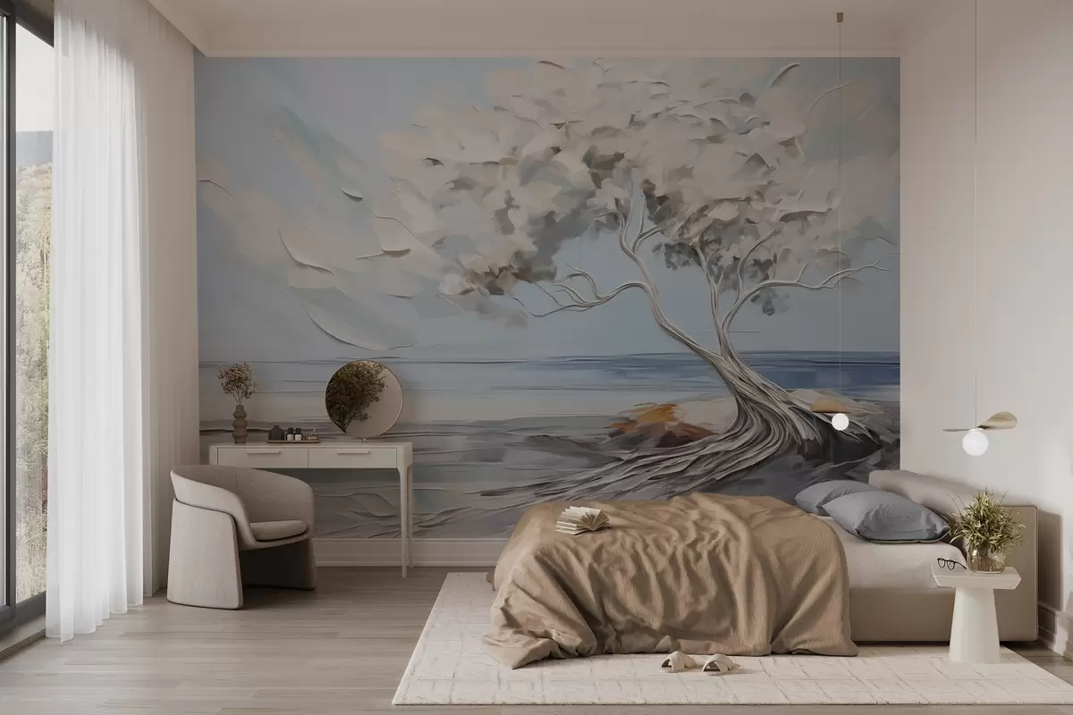 wall murals Бело дрво са дебелим и текстурираним листовима на пешчаној плажи, пејзаж са светлоплавим небом w09205