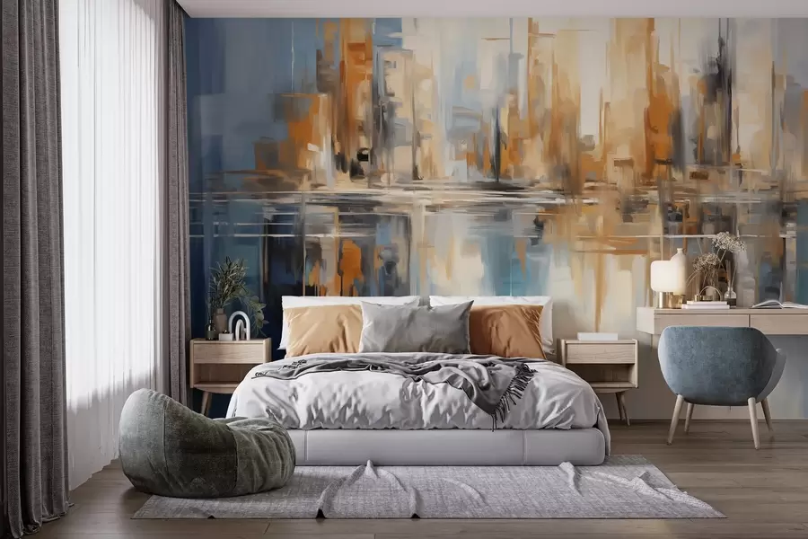 wall murals Апстрактни текстурирани градски град са високим зградама у нијансама наранџасте, плаве и беле, огледаним у води w09207