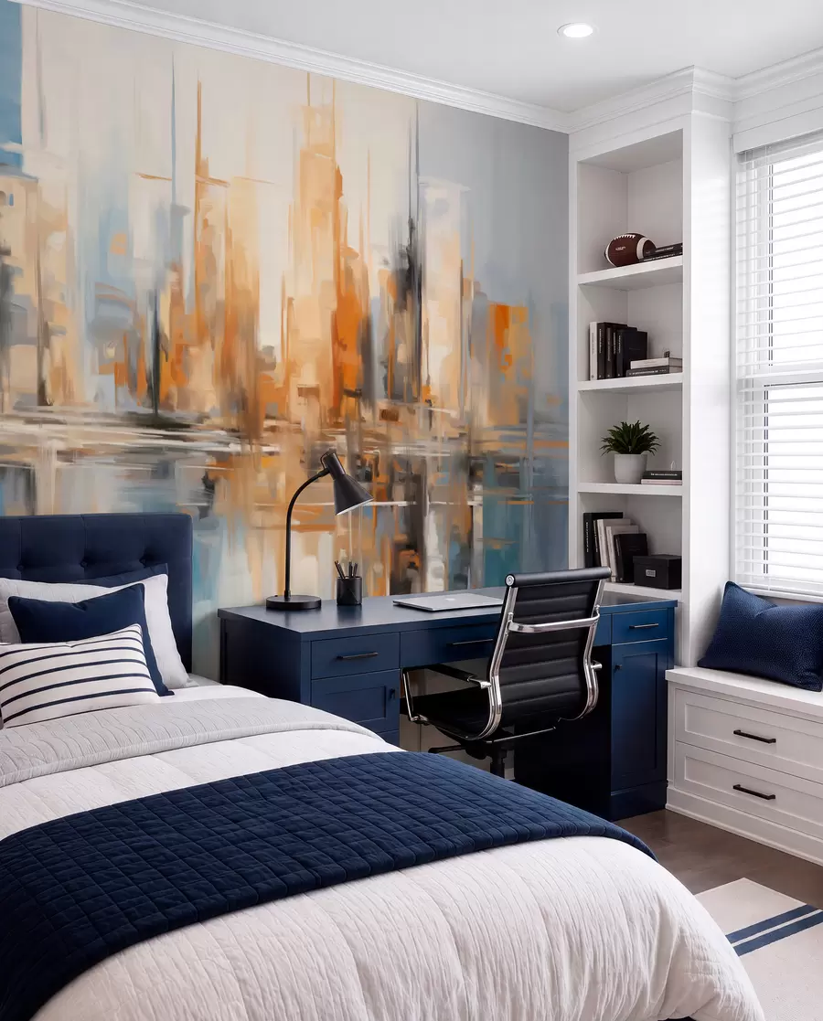 wall murals Апстрактни текстурирани градски град са високим зградама у нијансама наранџасте, плаве и беле, огледаним у води w09207