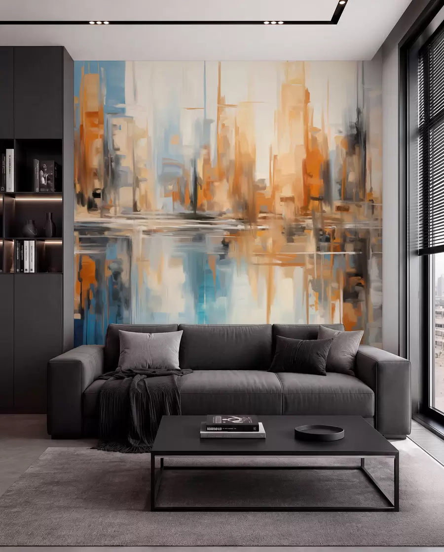wall murals Апстрактни текстурирани градски град са високим зградама у нијансама наранџасте, плаве и беле, огледаним у води w09207