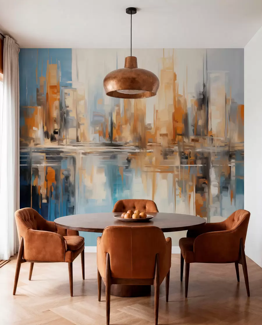 wall murals Апстрактни текстурирани градски град са високим зградама у нијансама наранџасте, плаве и беле, огледаним у води w09207