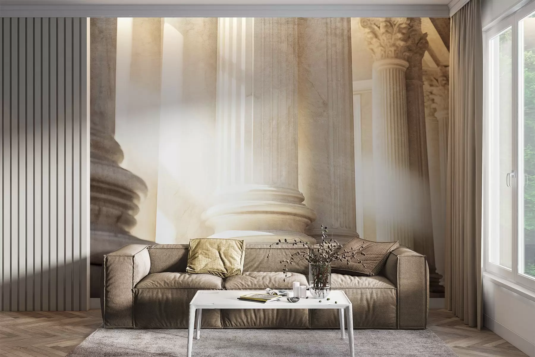 wall murals Стубови, класична архитектура, елегантан дизајн, текстурирана симетрична композиција, неутрална палета боја w09209