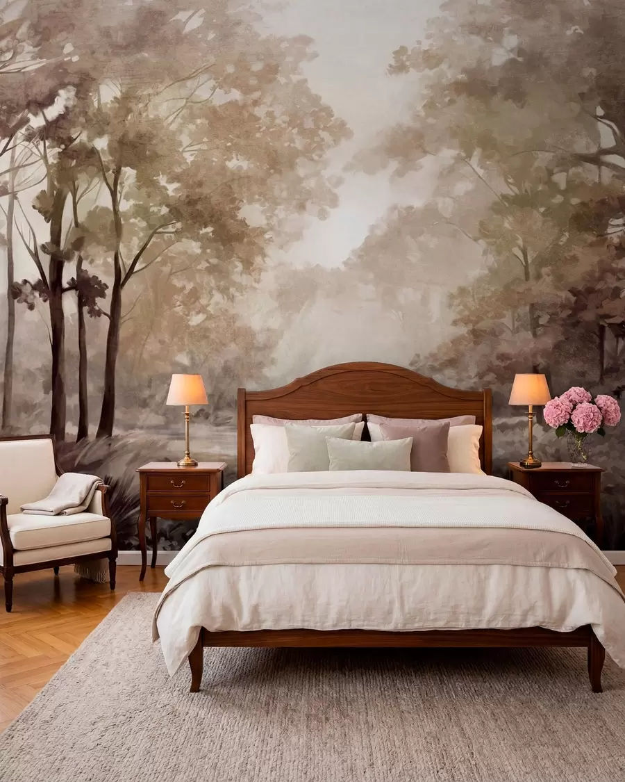 wall murals Текстурирани шумски пејзаж, дрвеће са беж и смеђим листовима, пастелна палета боја w09210