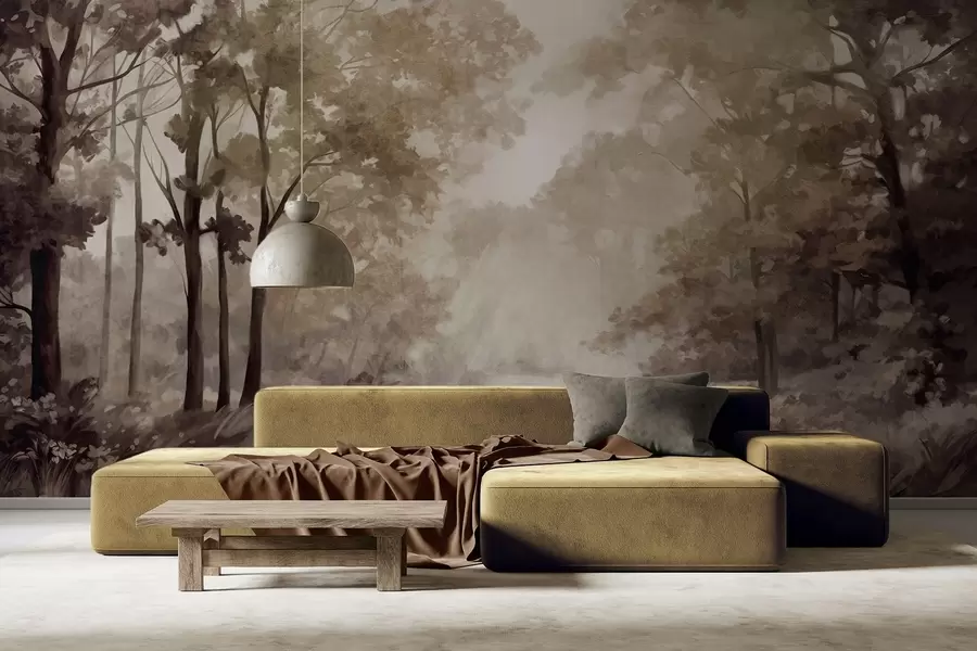 wall murals Текстурирани шумски пејзаж, дрвеће са беж и смеђим листовима, пастелна палета боја w09210