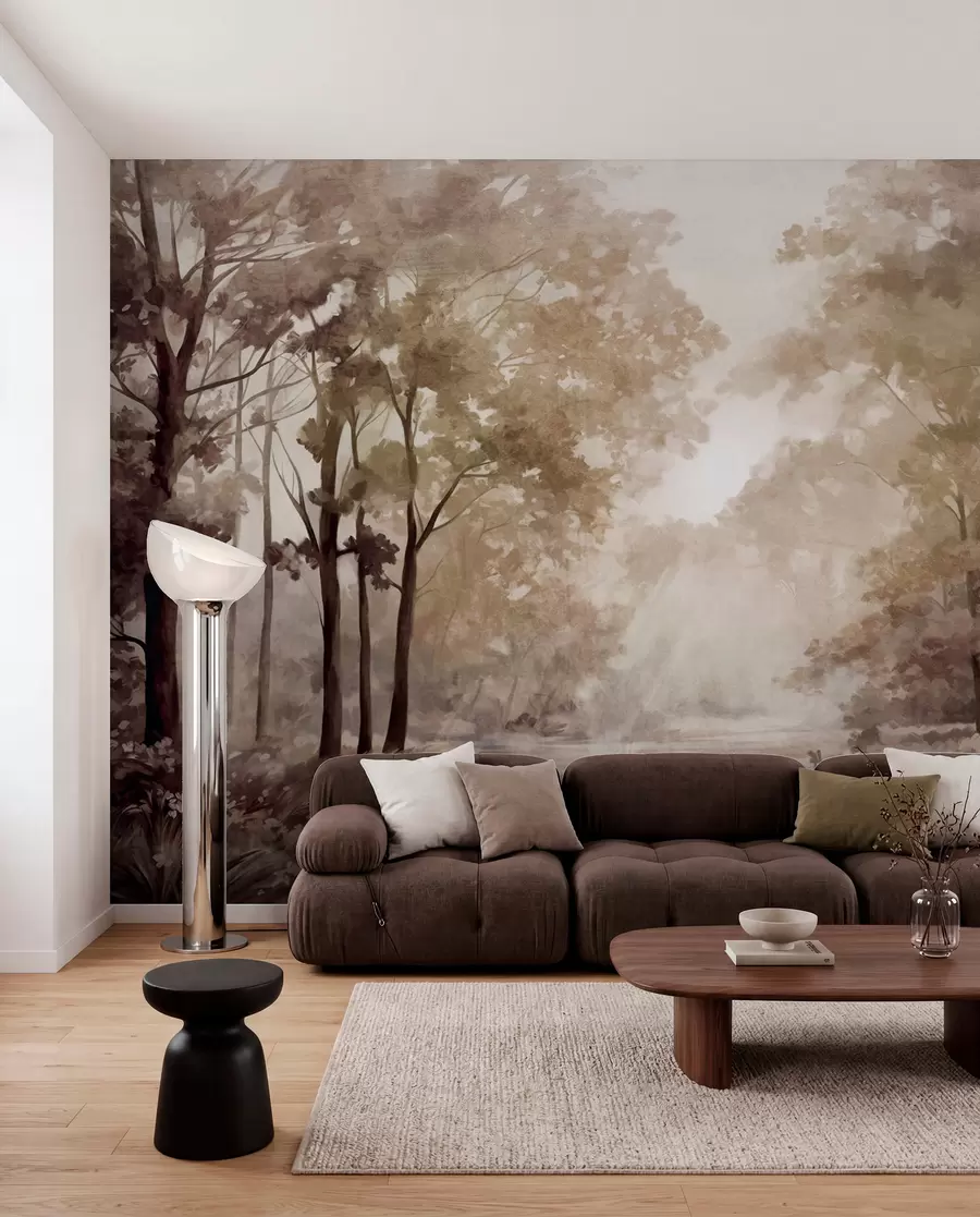 wall murals Текстурирани шумски пејзаж, дрвеће са беж и смеђим листовима, пастелна палета боја w09210