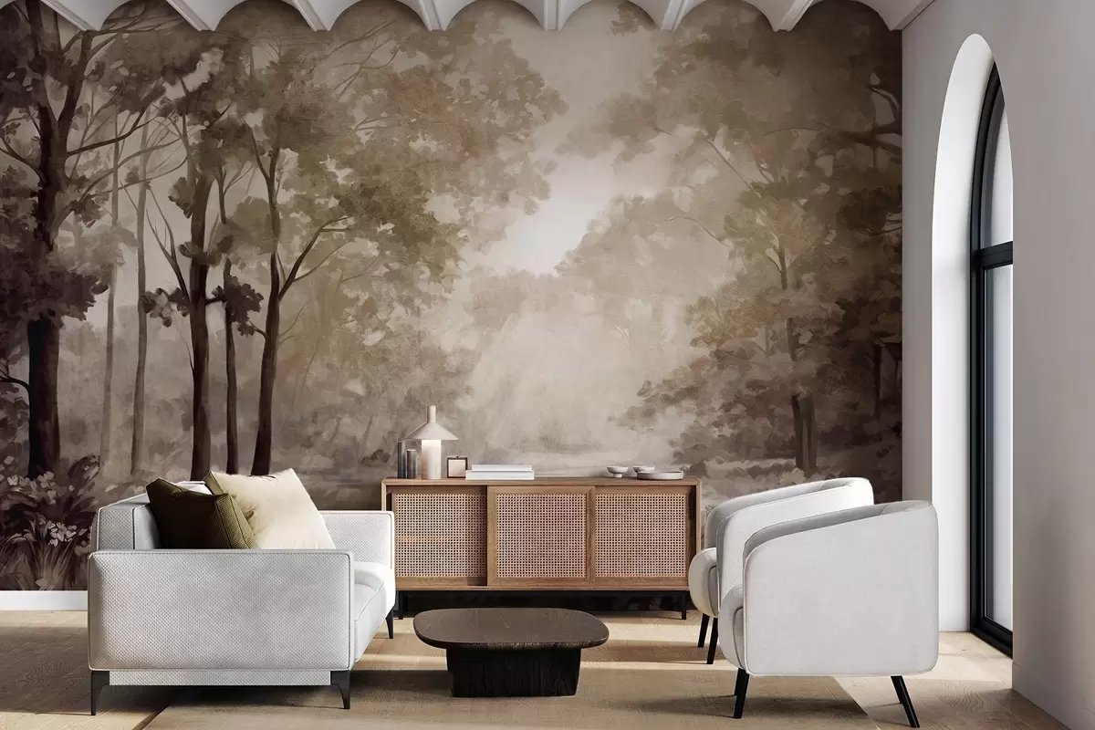wall murals Текстурирани шумски пејзаж, дрвеће са беж и смеђим листовима, пастелна палета боја w09210