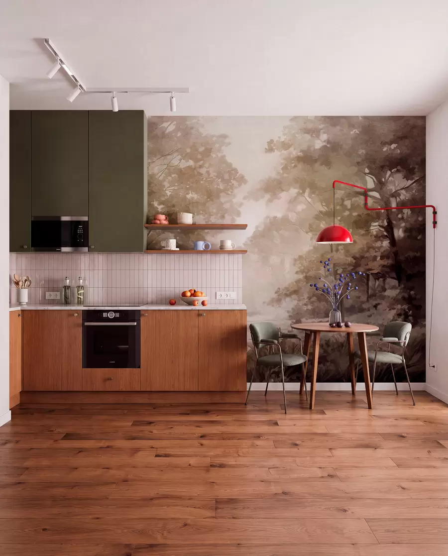 wall murals Текстурирани шумски пејзаж, дрвеће са беж и смеђим листовима, пастелна палета боја w09210