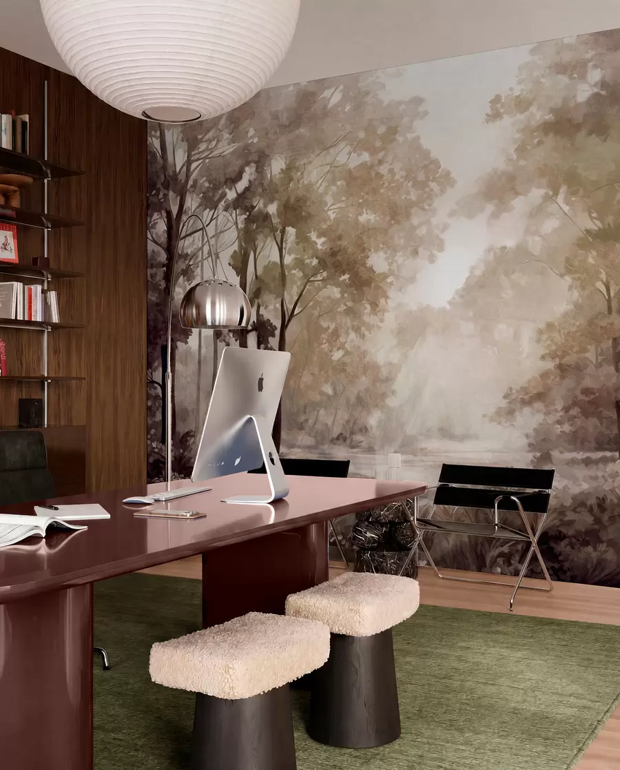wall murals Текстурирани шумски пејзаж, дрвеће са беж и смеђим листовима, пастелна палета боја w09210