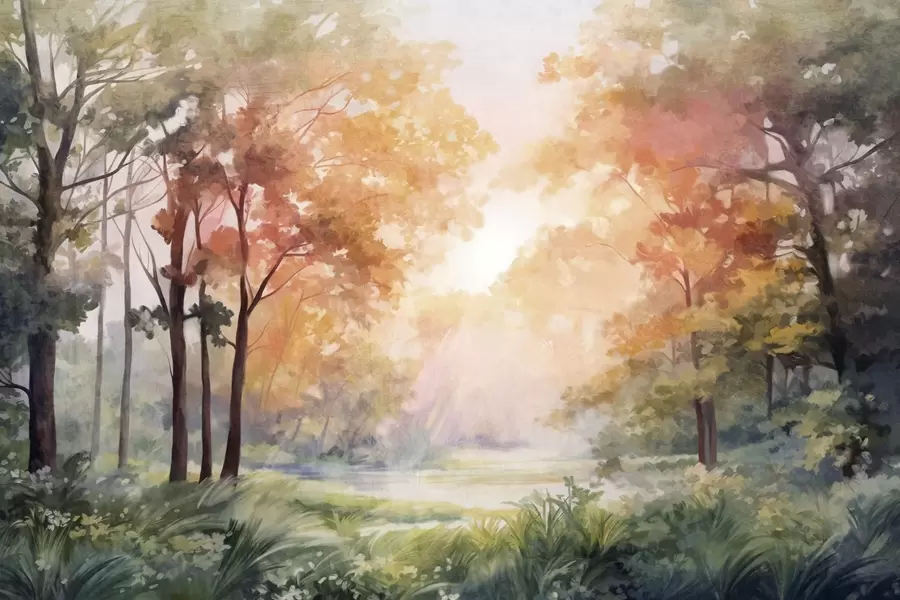 wall murals Текстурирани шумски пејзаж, дрвеће са наранџастим и зеленим листовима, пастелна палета боја w09210v1