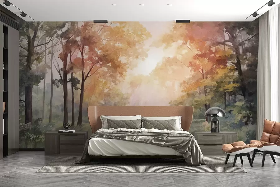 wall murals Текстурирани шумски пејзаж, дрвеће са наранџастим и зеленим листовима, пастелна палета боја w09210v1
