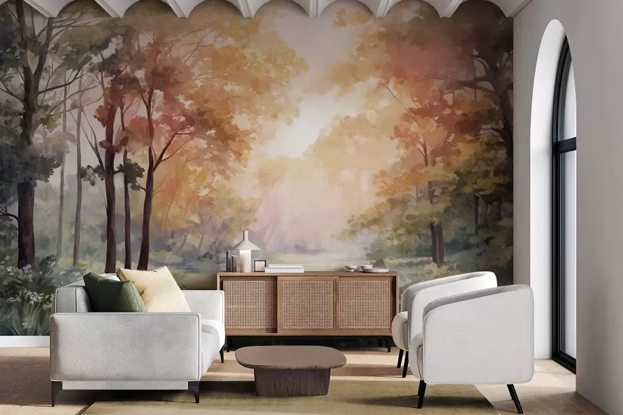 wall murals Текстурирани шумски пејзаж, дрвеће са наранџастим и зеленим листовима, пастелна палета боја w09210v1