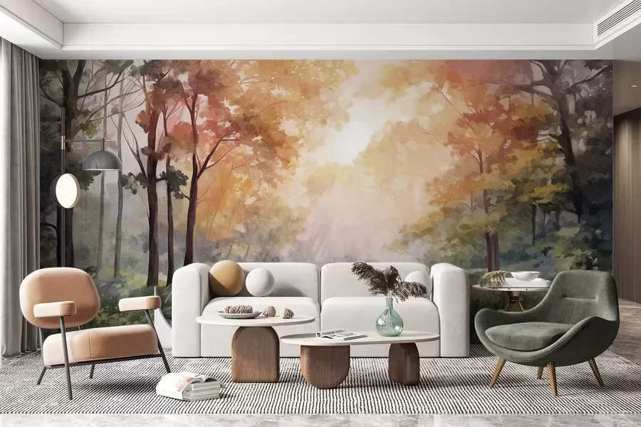 wall murals Текстурирани шумски пејзаж, дрвеће са наранџастим и зеленим листовима, пастелна палета боја w09210v1