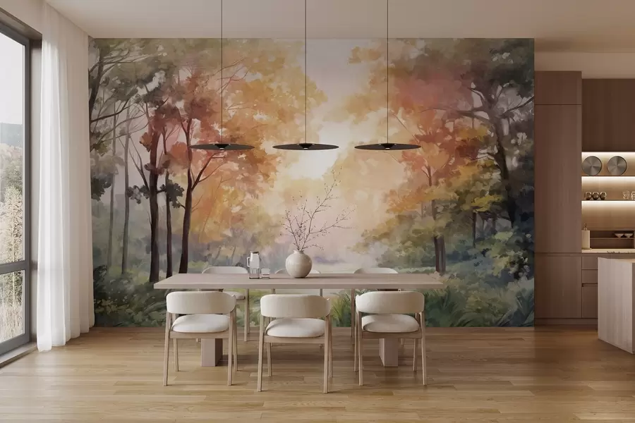wall murals Текстурирани шумски пејзаж, дрвеће са наранџастим и зеленим листовима, пастелна палета боја w09210v1