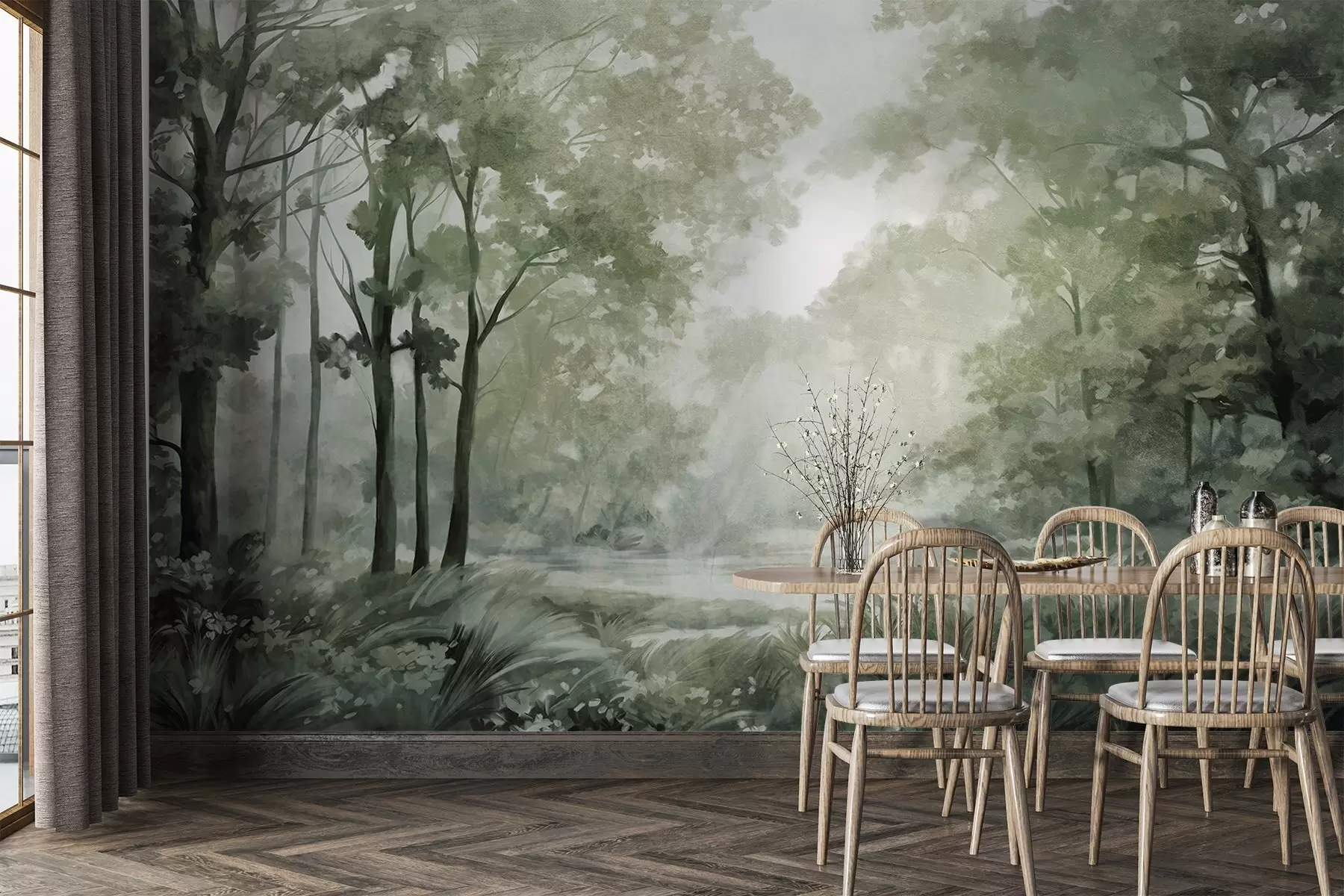 wall murals Текстурирани шумски пејзаж, дрвеће са зеленим лишћем, пастелна палета боја w09210v2