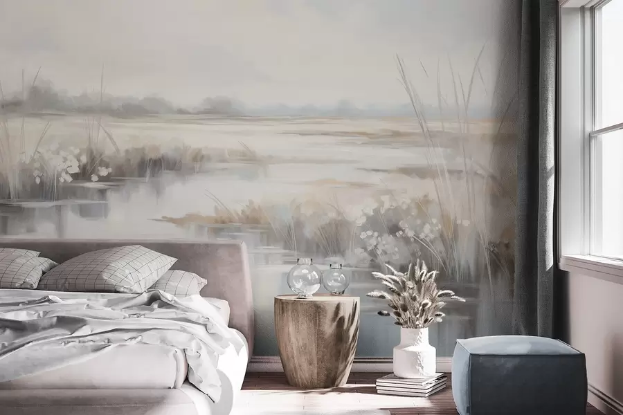 wall murals Текстурирани мирни пејзаж са високим травама и мирном водом, меким пастелним бојама, удаљеним дрвећем на хоризонту w09213
