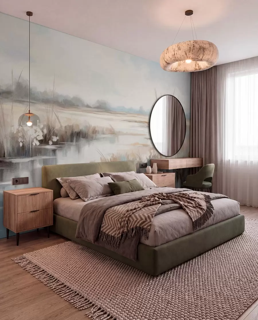 wall murals Текстурирани мирни пејзаж са високим травама и мирном водом, меким пастелним бојама, удаљеним дрвећем на хоризонту w09213