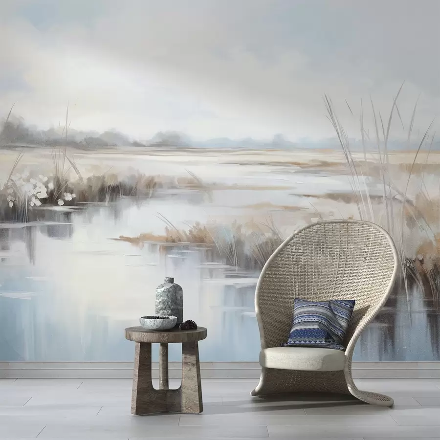wall murals Текстурирани мирни пејзаж са високим травама и мирном водом, меким пастелним бојама, удаљеним дрвећем на хоризонту w09213