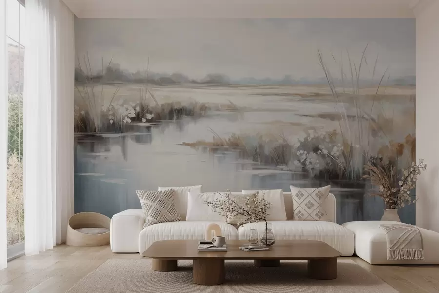 wall murals Текстурирани мирни пејзаж са високим травама и мирном водом, меким пастелним бојама, удаљеним дрвећем на хоризонту w09213