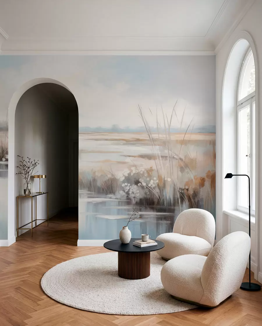 wall murals Текстурирани мирни пејзаж са високим травама и мирном водом, меким пастелним бојама, удаљеним дрвећем на хоризонту w09213