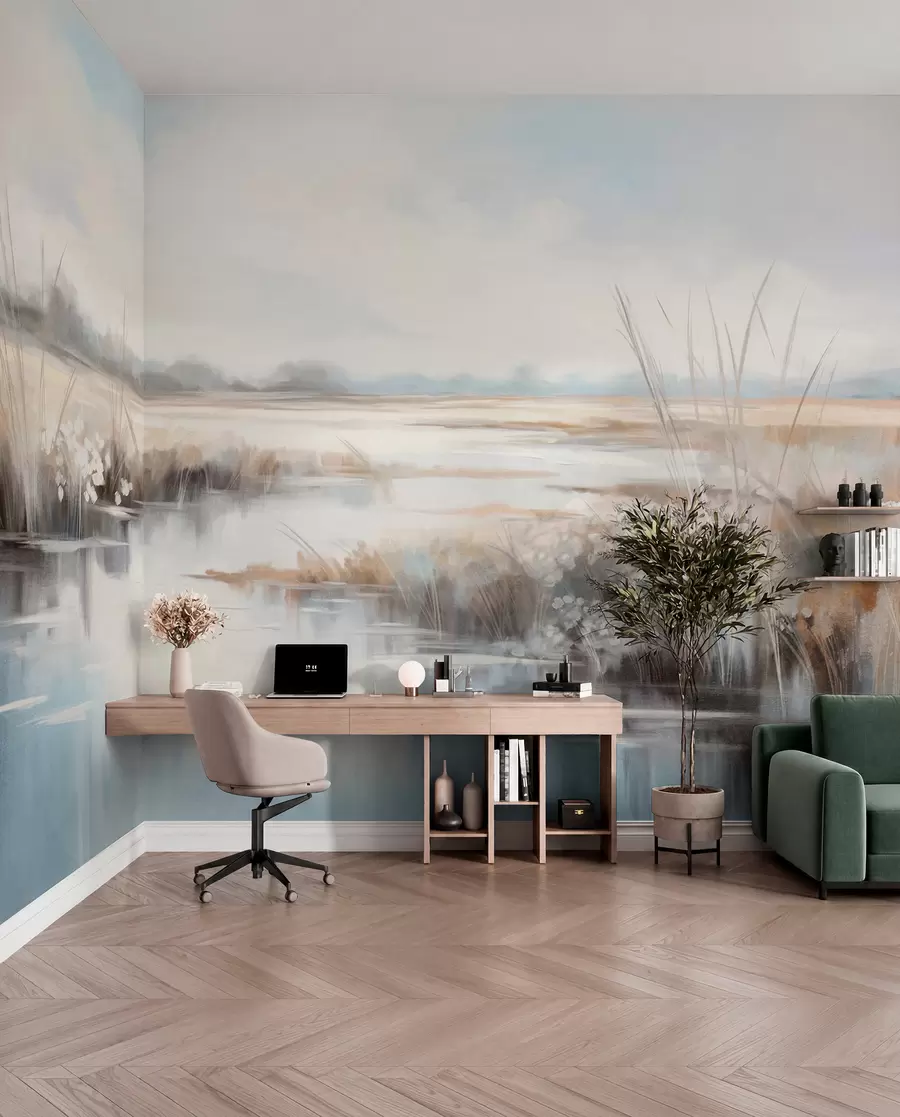 wall murals Текстурирани мирни пејзаж са високим травама и мирном водом, меким пастелним бојама, удаљеним дрвећем на хоризонту w09213