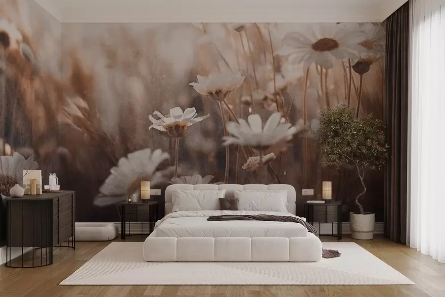 wall murals Текстурирано поље белих тратинчица и дивљег цвећа у топлој палети боја са замућеном позадином w09214