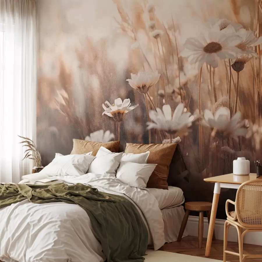wall murals Текстурирано поље белих тратинчица и дивљег цвећа у топлој палети боја са замућеном позадином w09214