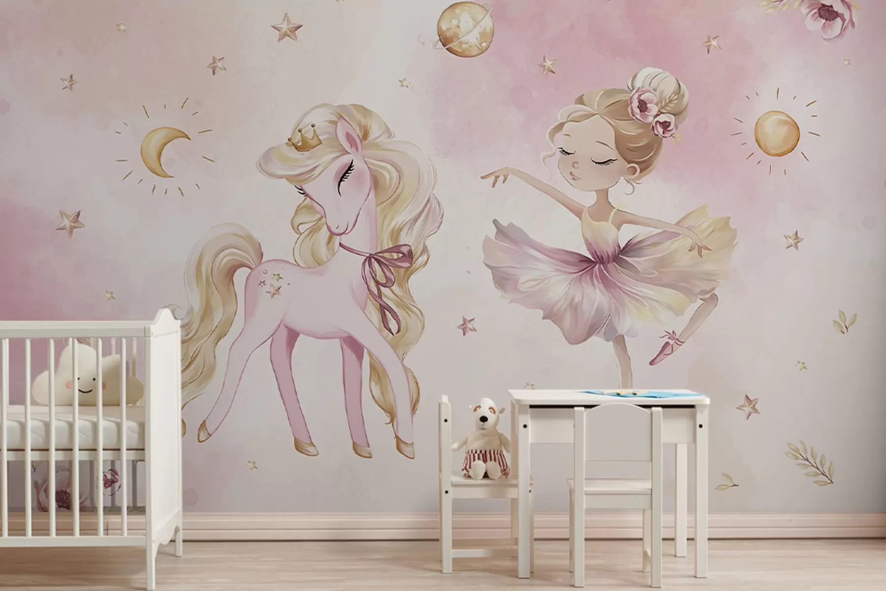 wall murals Једнорог и балерина у ружичастој бајци, дечја прича w04196