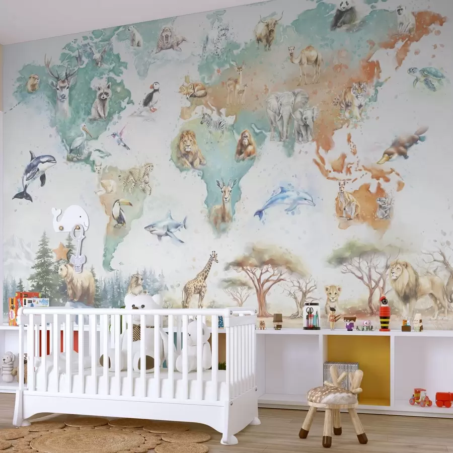 wall murals Мапа света са животињама, стил дечје едукативне илустрације w04148