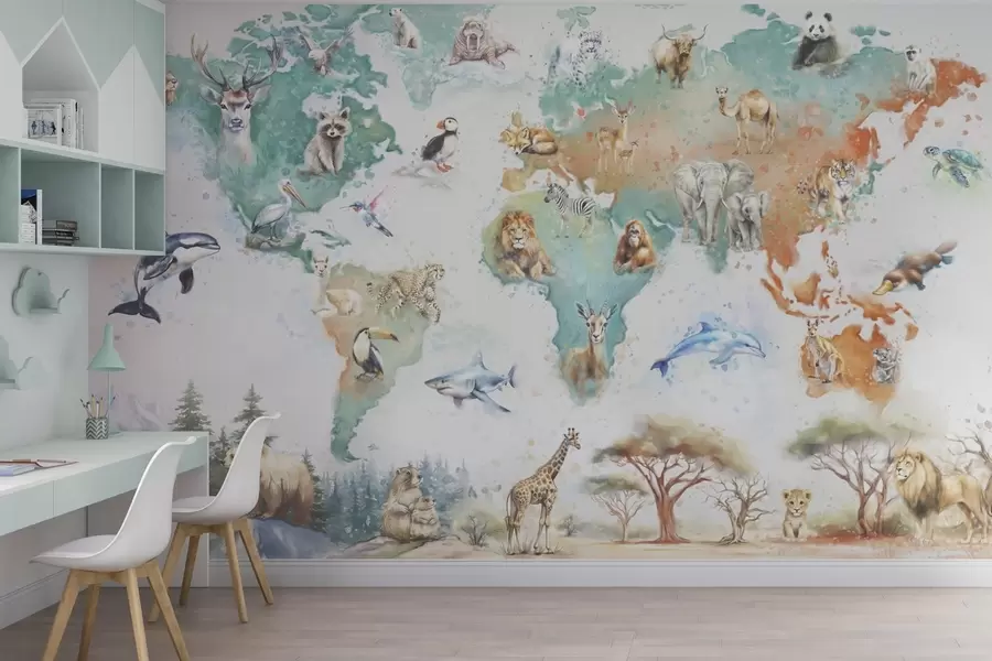 wall murals Мапа света са животињама, стил дечје едукативне илустрације w04148