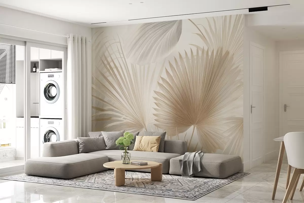wall murals Мекане лепезе од тропског лишћа у светло беж и плавкастим тоновима w09084