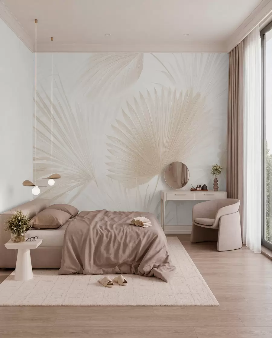 wall murals Мекане лепезе од тропског лишћа на светлој позадини w09084v1