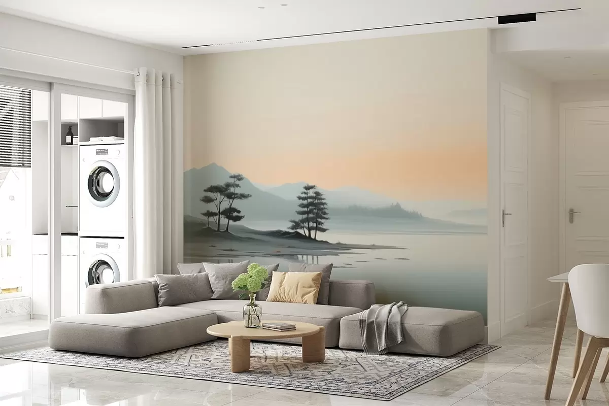 wall murals Минималистички пејзаж са магловитим планинама и језером w09151