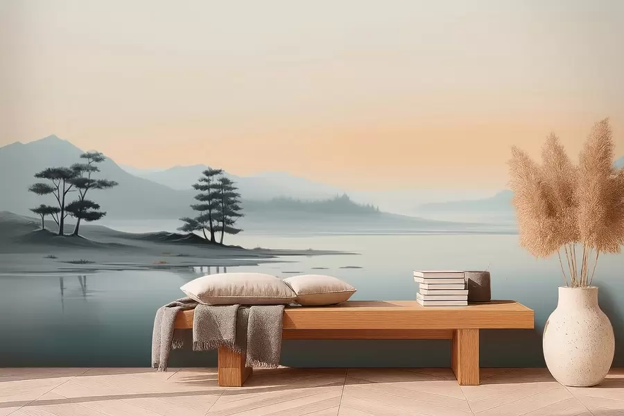 wall murals Минималистички пејзаж са магловитим планинама и језером w09151