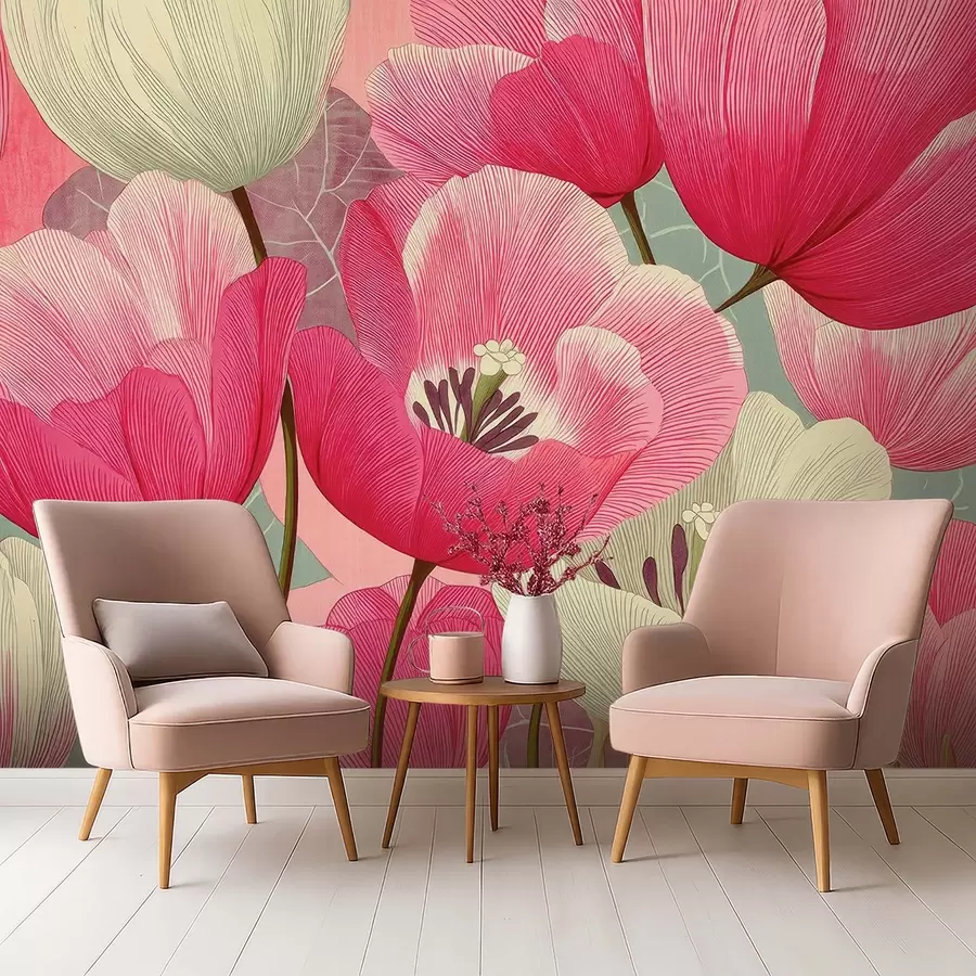 wall murals Живописни макови са графичким лишћем у позадини w09152