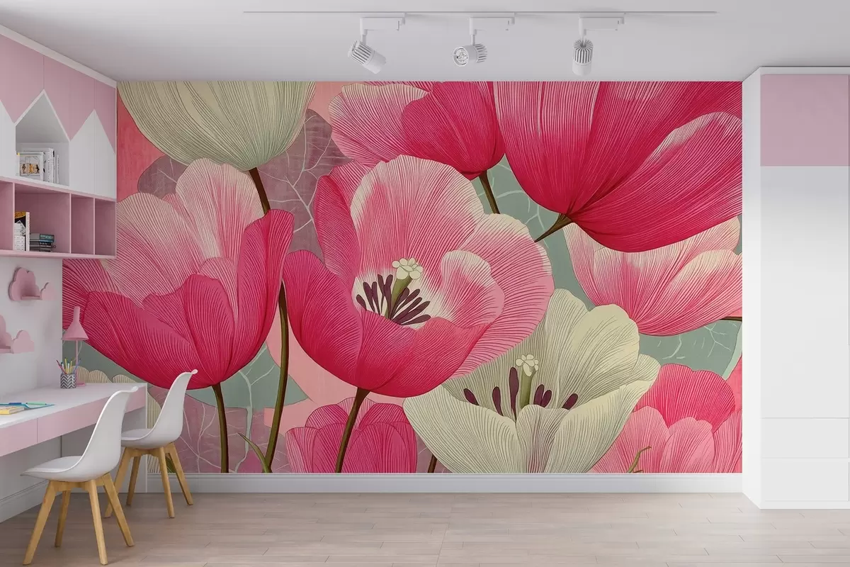 wall murals Живописни макови са графичким лишћем у позадини w09152