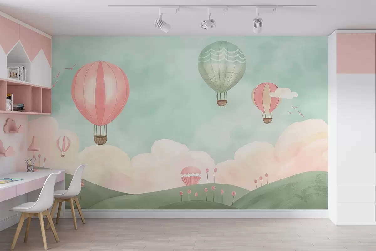wall murals Балони на врући ваздух изнад брда са облацима w09228