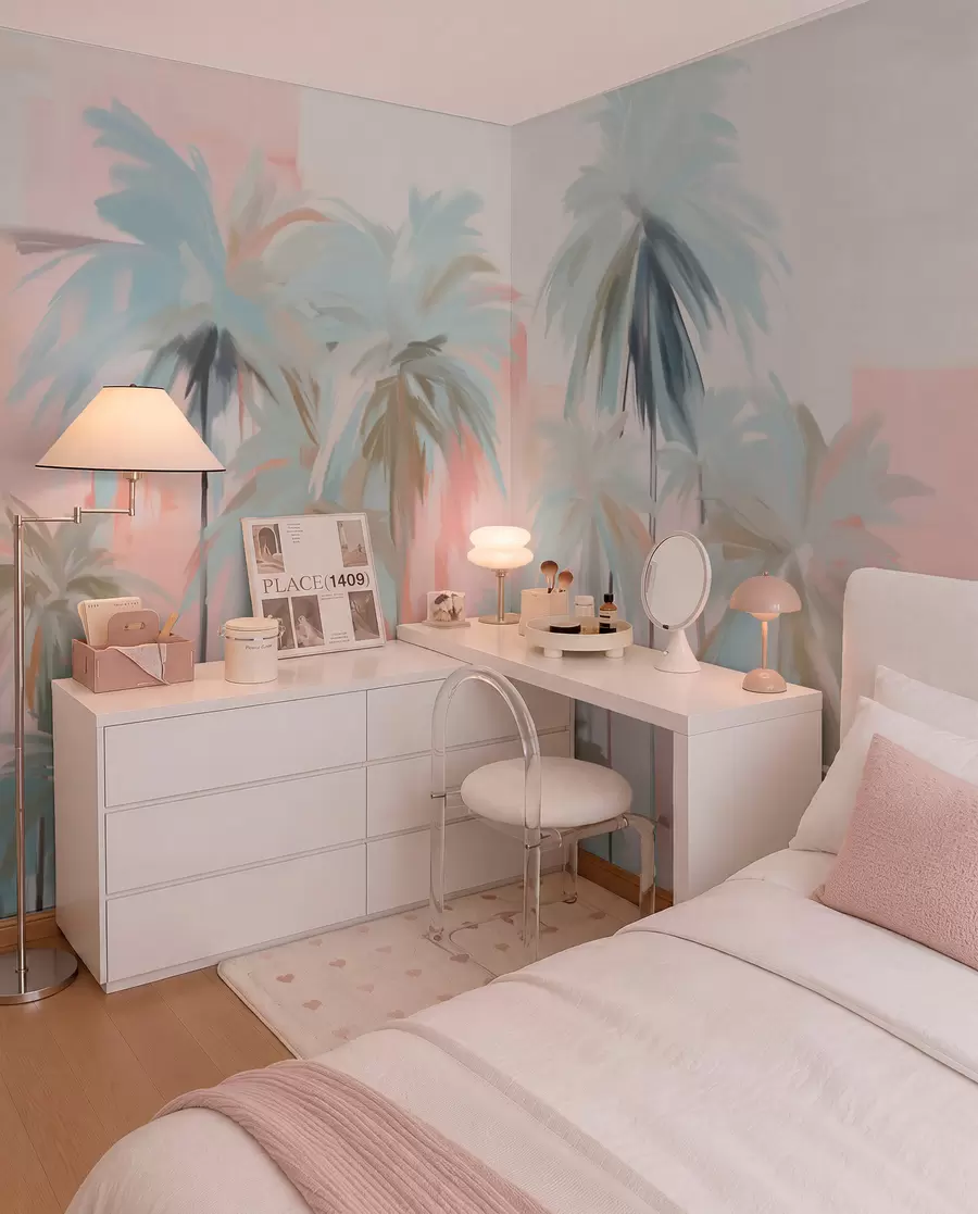 wall murals Апстрактне минималистичке пастелне тропске палме, на позадини нежних ружичастих и бресквастих нијанси w09212